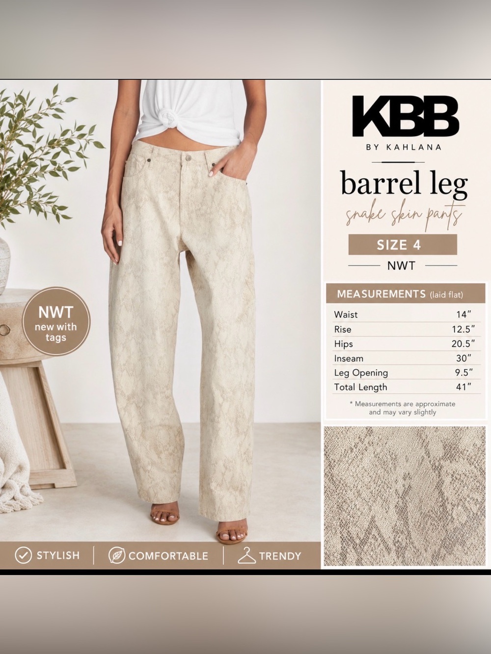 KBD by KAHLAH Beige Snake Print Barrel Pants NWT size 4
